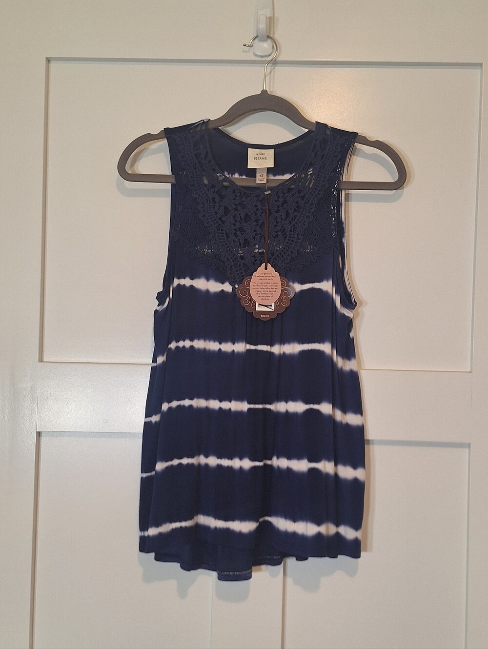 Knox Rose Lace Neckline Rayon Stretch Tank Top Navy White Tie Dyed New Size XS